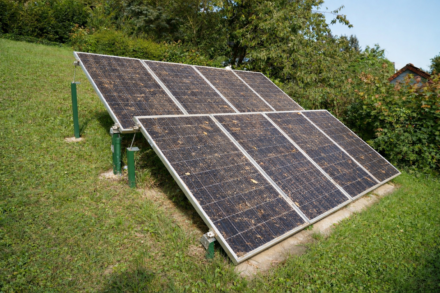 Instalación solar con suciedad acumulada antes del mantenimiento