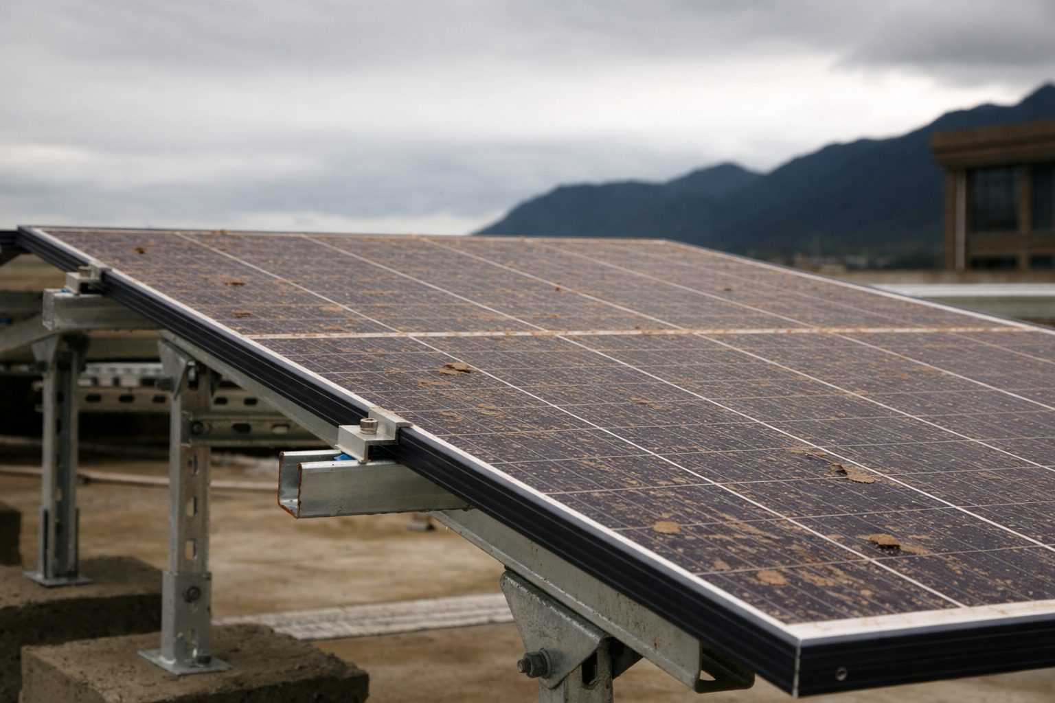 Paneles solares con meses de suciedad antes de la revisión